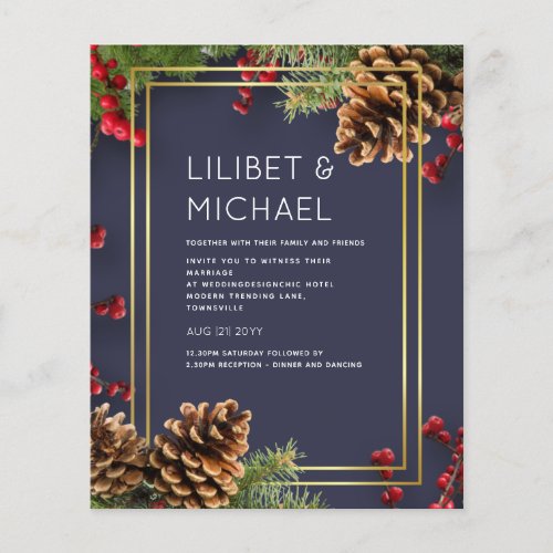 BUDGET  Winter Red Berries Pine Cones Wedding Flyer