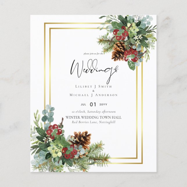 BUDGET  Winter Red Berries Pine Cones Wedding Flyer (Front)