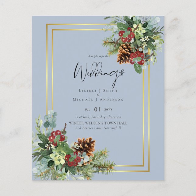 BUDGET  Winter Red Berries Pine Cones Wedding Flyer (Front)
