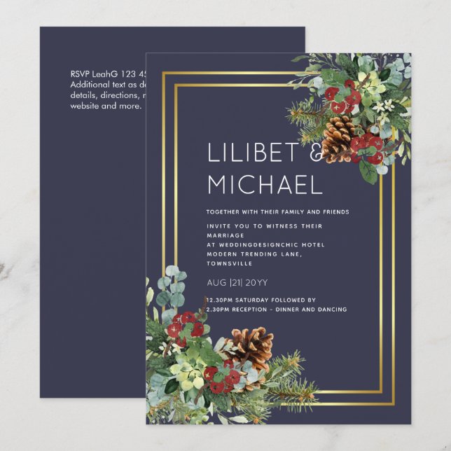BUDGET  Winter Red Berries Pine Cones Wedding Invitation (Front/Back)