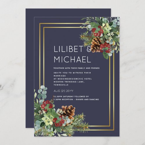 BUDGET  Winter Red Berries Pine Cones Wedding Invitation