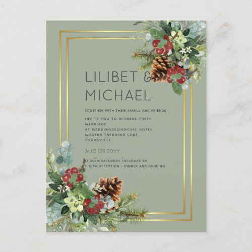 BUDGET  Winter Red Berries Pine Cones Wedding Postcard