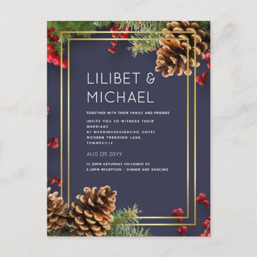 BUDGET  Winter Red Berries Pine Cones Wedding Postcard