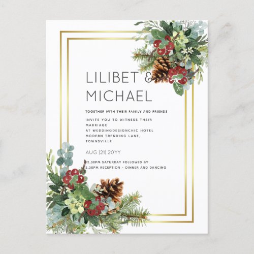 BUDGET  Winter Red Berries Pine Cones Wedding Postcard