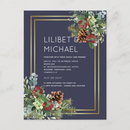 BUDGET  Winter Red Berries Pine Cones Wedding Postcard