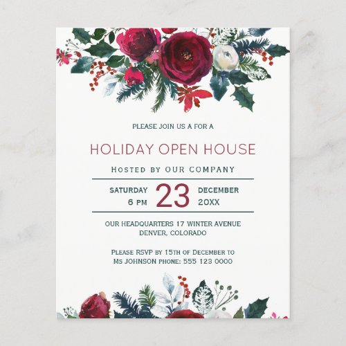 Budget winter red flowers holiday party invitation flyer