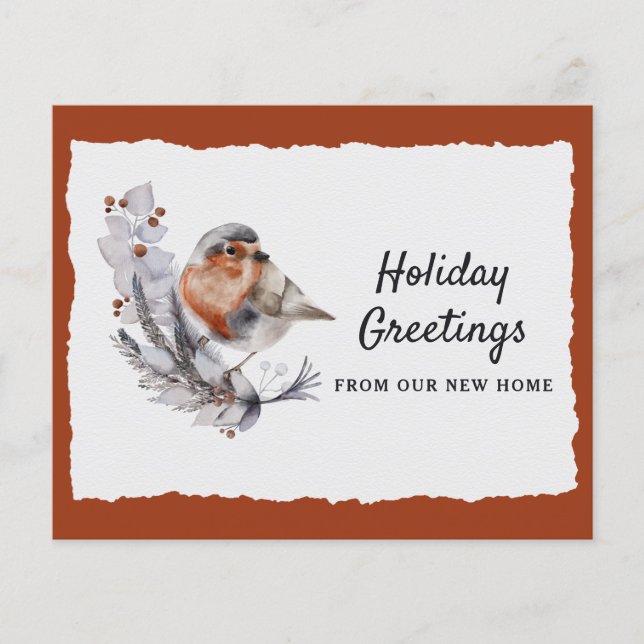 Budget Winter Robin Rust Gray Holiday Moving Card (Front)