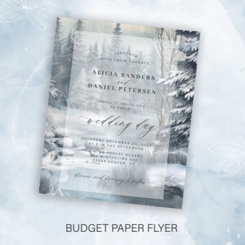 Budget winter snow pine forest wedding invitation flyer