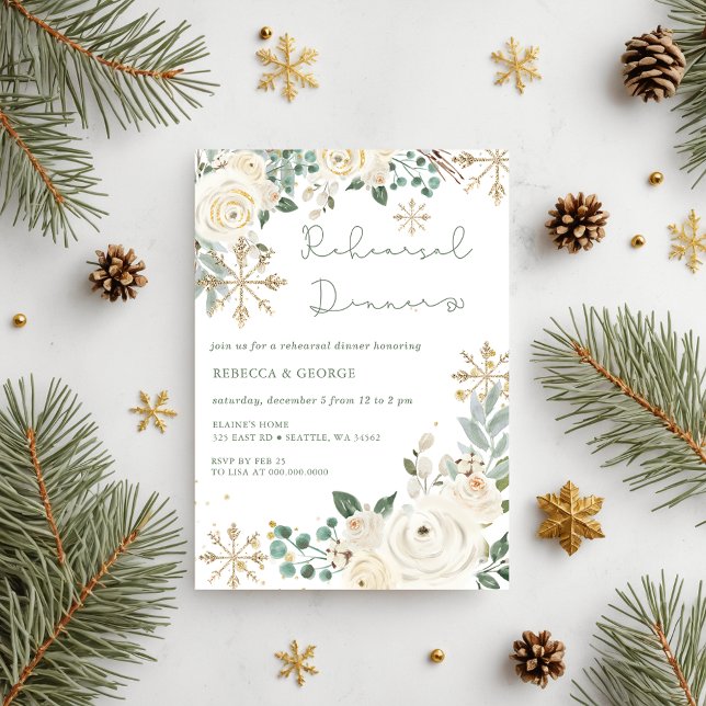 Budget Winter Snowflake Rehearsal Dinner (Christmas Winter Snowflake Rehearsal Dinner Invitation)