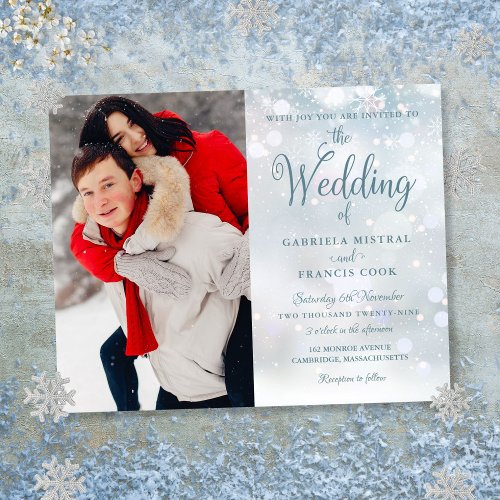 Budget Winter Snowflakes Photo Wedding Invitation