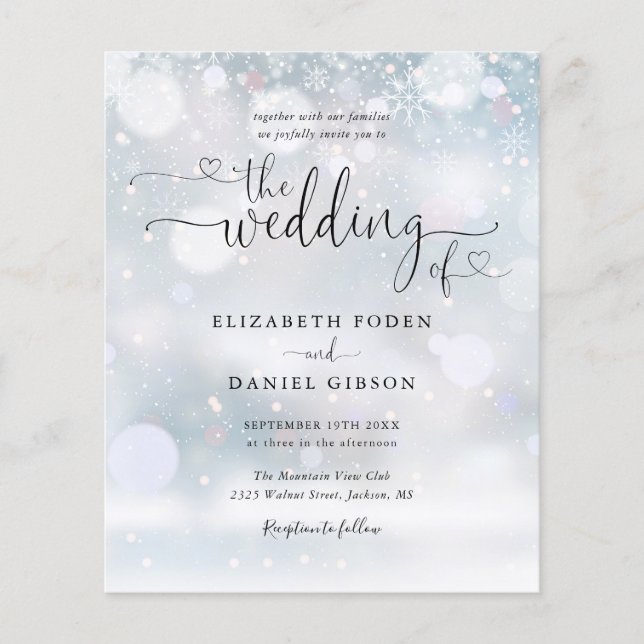 Budget Winter Snowflakes Script Wedding Invitation (Front)