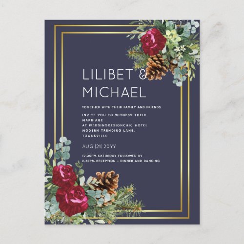 BUDGET  Winter Wedding Burgundy Roses Eucalyptus Postcard