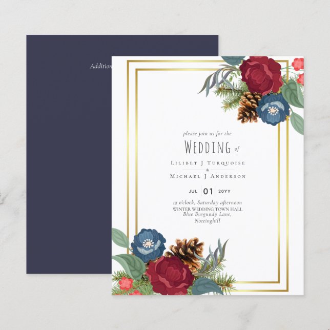 BUDGET  Winter Wedding Burgundy Teal Blue Modern (Front/Back)