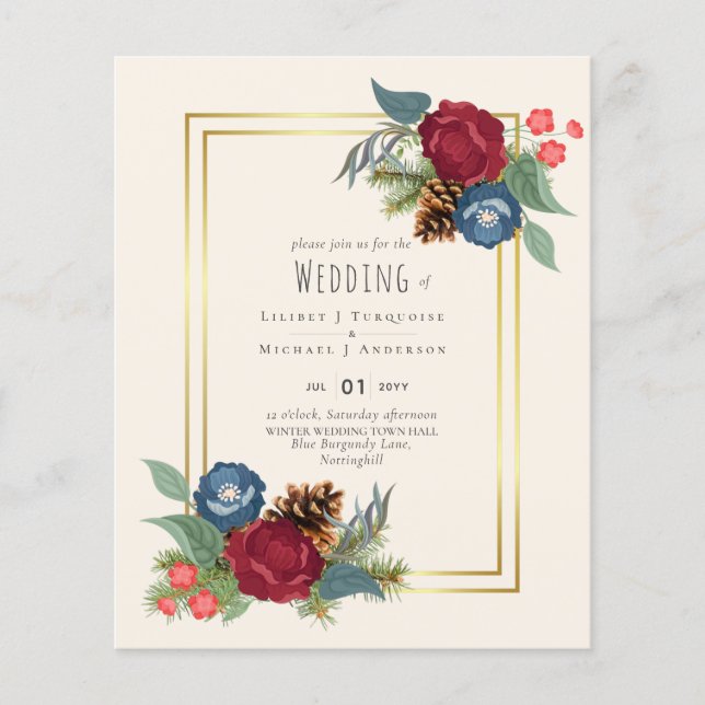 BUDGET  Winter Wedding Burgundy Teal Blue Modern Flyer (Front)