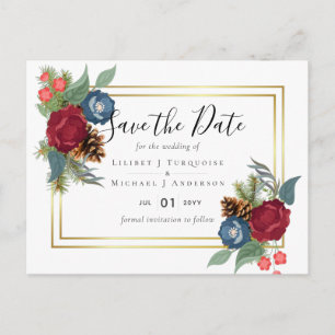 BUDGET Winter Wedding Burgundy Teal Blue Modern Postcard