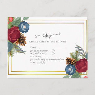 BUDGET  Winter Wedding Burgundy Teal Blue Modern Postcard