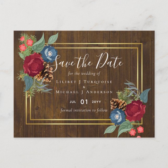 BUDGET  Winter Wedding Burgundy Teal Blue Modern Postcard (Front)