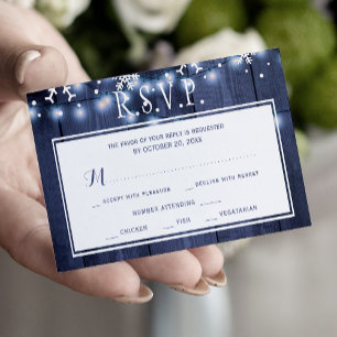 Budget winter wedding navy white snowflakes RSVP Enclosure Card