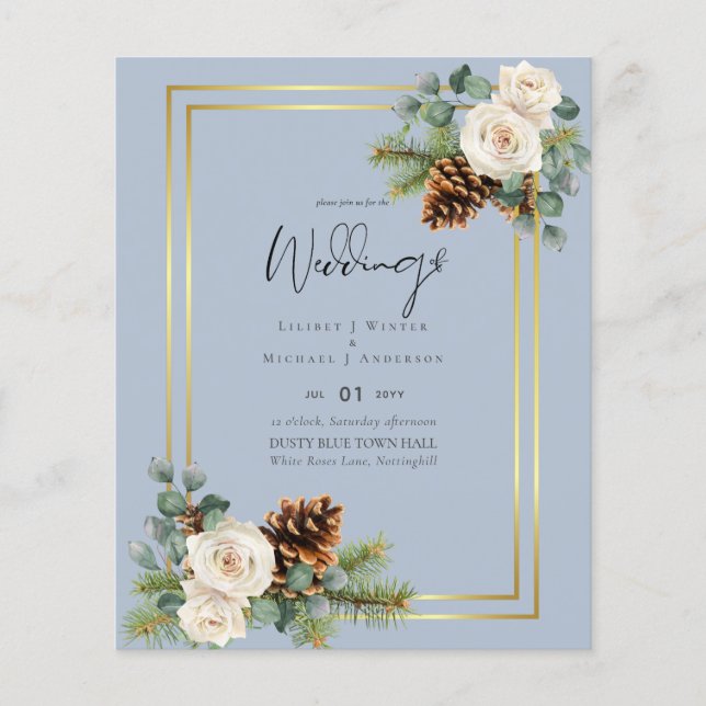BUDGET  Winter Wedding White Roses Gold Dusty Blue Flyer (Front)