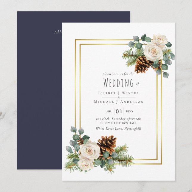 BUDGET  Winter Wedding White Roses Gold Dusty Blue Invitation (Front/Back)