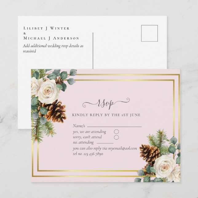 BUDGET  Winter Wedding White Roses Gold Dusty Blue Postcard (Front/Back)