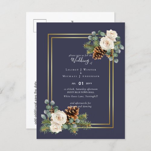 BUDGET  Winter Wedding White Roses Gold Dusty Blue Postcard