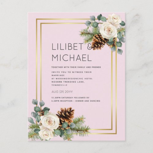 BUDGET  Winter Wedding White Roses Gold Dusty Blue Postcard