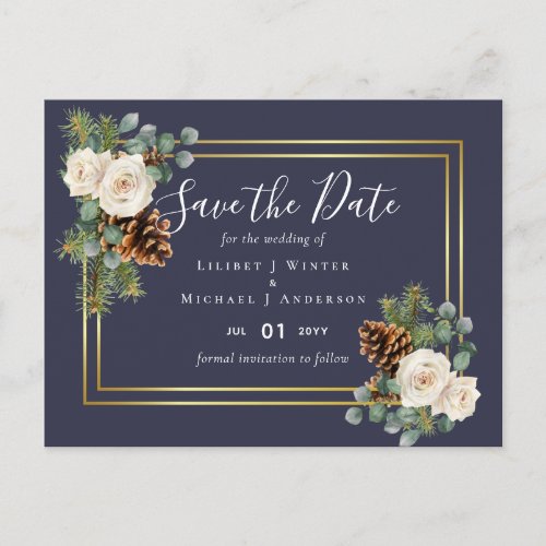 BUDGET  Winter Wedding White Roses Gold Dusty Blue Postcard