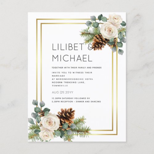 BUDGET  Winter Wedding White Roses Gold Dusty Blue Postcard