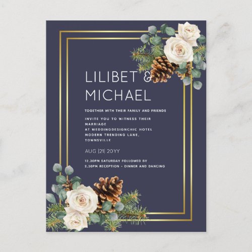 BUDGET  Winter Wedding White Roses Gold Dusty Blue Postcard