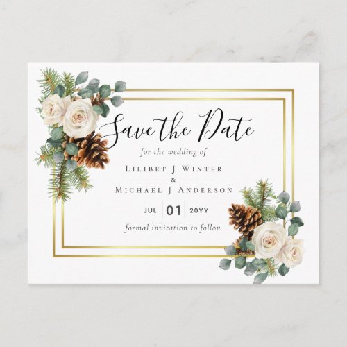 BUDGET  Winter Wedding White Roses Gold Dusty Blue Postcard