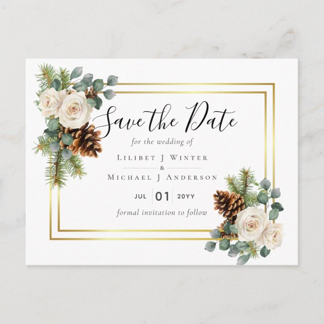 BUDGET  Winter Wedding White Roses Gold Dusty Blue Postcard (Front)
