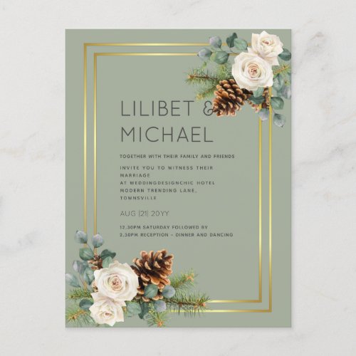 BUDGET  Winter Wedding White Roses Gold Dusty Blue Postcard