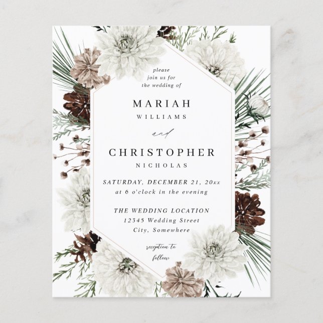 Budget Winter White Floral & Pine Wedding Flyer (Front)