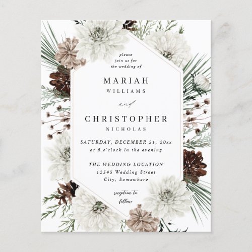 Budget Winter White Floral  Pine Wedding Flyer