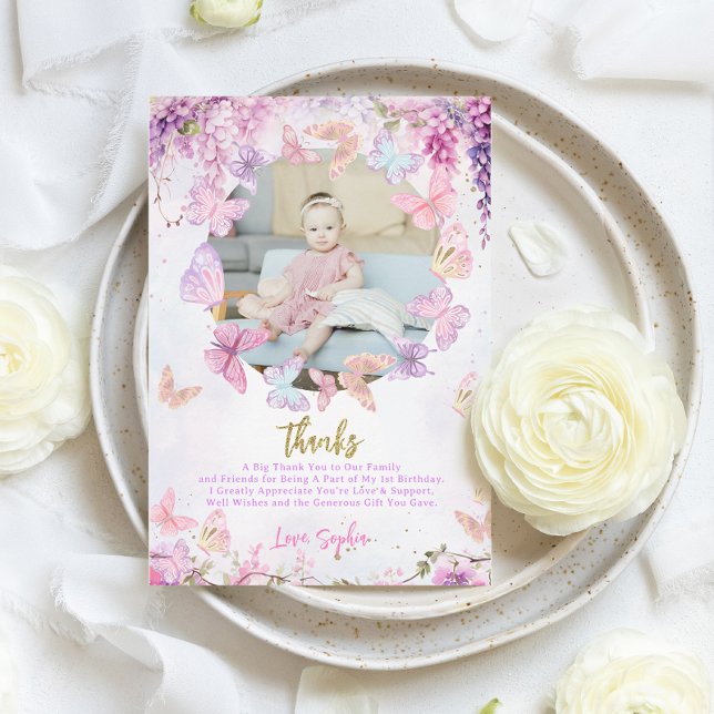 BUDGET Wisteria Gold Butterfly Kids Birthday Photo Thank You Card (Creator Uploaded)