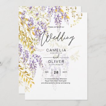 Budget WISTERIA Lilac Gold Leaves Wedding Invite