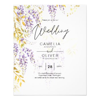 Budget WISTERIA Lilac Gold Leaves Wedding Invite Flyer