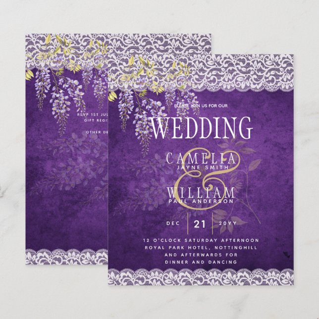 BUDGET Wisteria Purple Floral Lace Wedding INVITE (Front/Back)