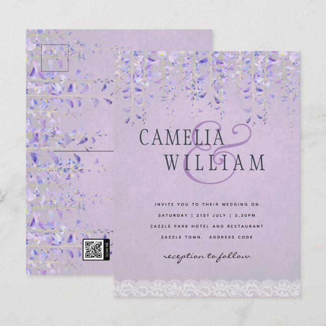 BUDGET Wisteria Purple Floral Lace Wedding INVITE (Front/Back)