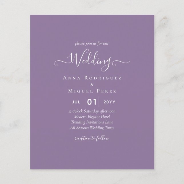 Budget Wisteria Purple Wedding Simple Monochrom Flyer (Front)