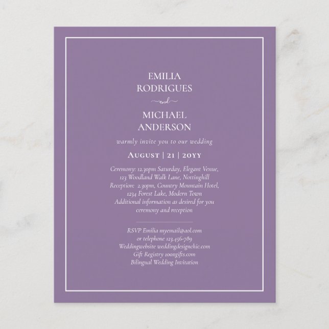 Budget Wisteria Purple Wedding Simple Monochrom Flyer (Front)