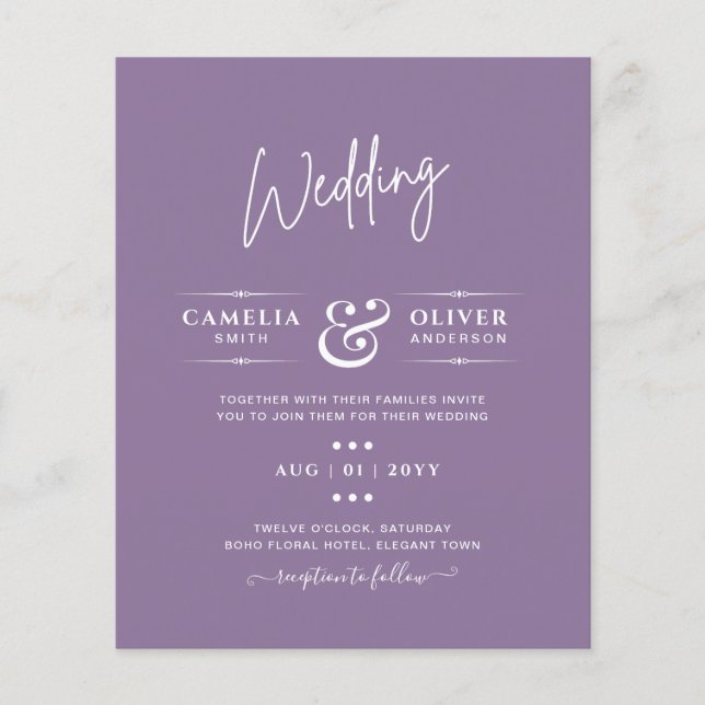 Budget Wisteria Purple Wedding Simple Monochrom Flyer (Front)