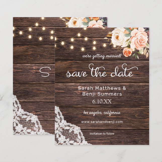 Budget Wood, Lace Lights Pink Floral Save the Date (Front/Back)