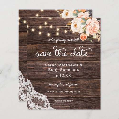 Budget Wood Lace Lights Pink Floral Save the Date