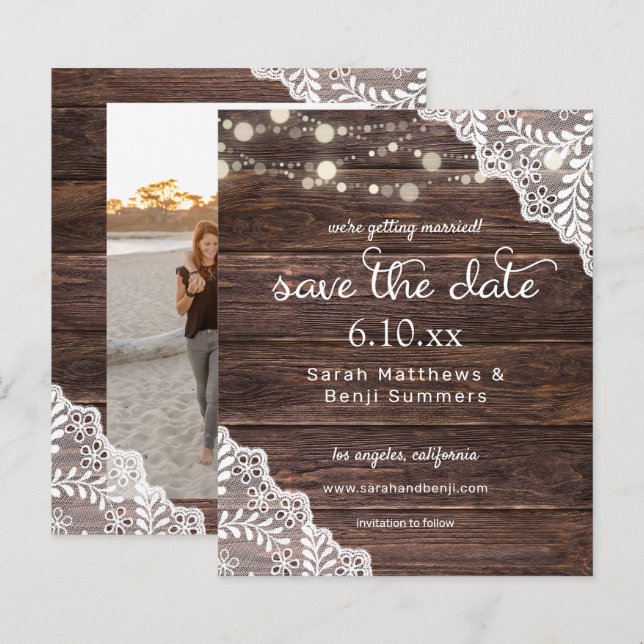 Budget Wood, Lace & Lights Save the Date V2 Photo (Front/Back)