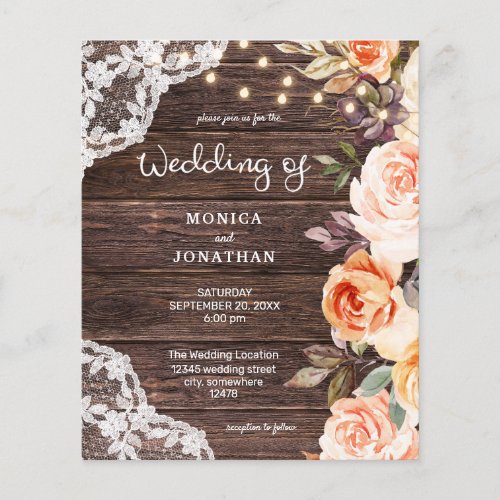 Budget Wood Lace Pink  Peach Floral Wedding Flyer