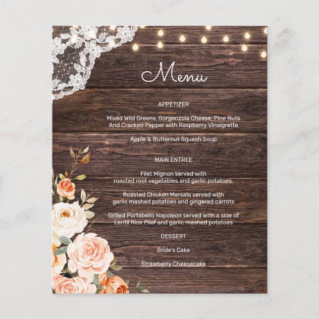 Budget Wood, Lace & String Lights Floral Menu Flyer (Front)