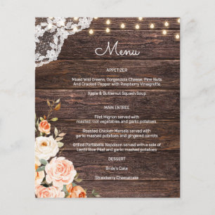 Budget Wood, Lace & String Lights Floral Menu Flyer