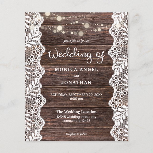 Budget Wood Lace String Lights Wedding Flyer (Front)